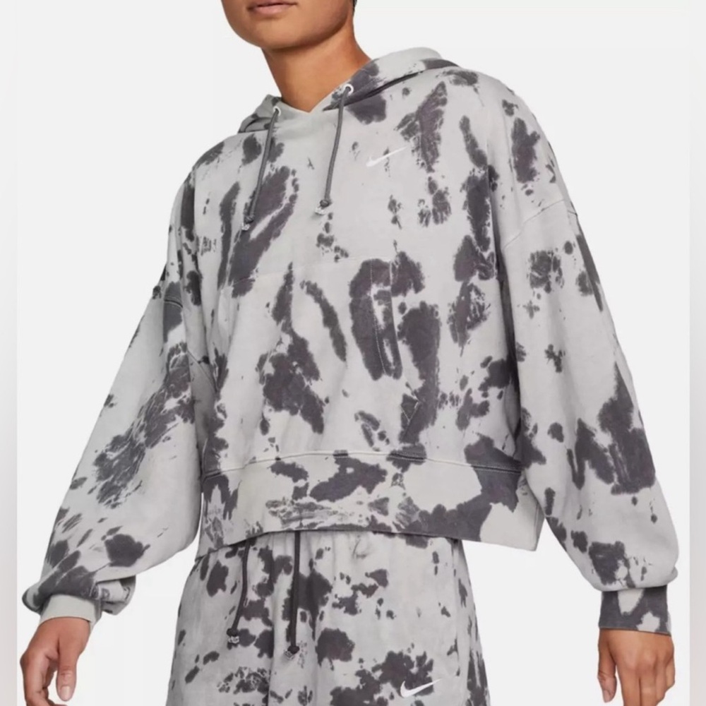Nike Women's Oversized Hoodie Washed Cropped Hoodie Black Grey Tie Dye, Size M